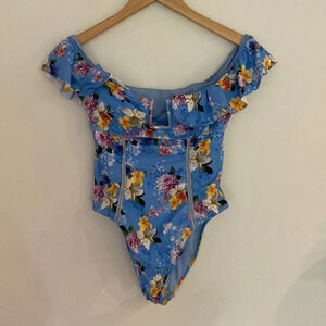 Nanette Lepore one piece swimsuit sz small blue floral with ruffle detail